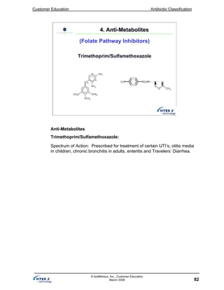 Customer Education Antibiotic Classification
82
© bioMérieux, Inc., Customer Education
March 2008
Trimethoprim/Sulfamethoxazole
4. Anti4. Anti--MetabolitesMetabolites
(Folate Pathway Inhibitors)
Anti-Metabolites
Trimethoprim/Sulfamethoxazole:
Spectrum of Action: Prescribed for treatment of certain UTI’s, otitis media
in children, chronic bronchitis in adults, enteritis and Travelers’ Diarrhea.
 