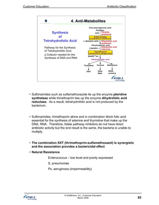 Customer Education Antibiotic Classification
85
© bioMérieux, Inc., Customer Education
March 2008
Pathway for the Synthesis
of Tetrahydrofolic Acid,
a Cofactor needed for the
Synthesis of DNA and RNA
Synthesis
of
Tetrahydrofolic Acid
4. Anti4. Anti--MetabolitesMetabolites
• Sulfonamides such as sulfamethoxazole tie up the enzyme pteridine
synthetase while trimethoprim ties up the enzyme dihydrofolic acid
reductase. As a result, tetrahydrofolic acid is not produced by the
bacterium.
• Sulfonamides, trimethoprim alone and in combination block folic acid
essential for the synthesis of adenine and thymidine that make up the
DNA, RNA. Therefore, folate pathway inhibitors do not have direct
antibiotic activity but the end result is the same, the bacteria is unable to
multiply.
• The combination SXT (thrimethoprim-sulfamethoxazol) is synergistic
and the association provides a bactericidal effect
• Natural Resistance
Enterococcus – low level and poorly expressed
S. pneumoniae
Ps. aeruginosa (impermeability)
 