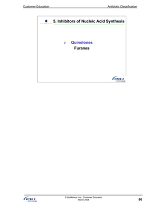 Customer Education Antibiotic Classification
86
© bioMérieux, Inc., Customer Education
March 2008
Quinolones
Furanes
5. Inhibitors of Nucleic Acid Synthesis5. Inhibitors of Nucleic Acid Synthesis
 