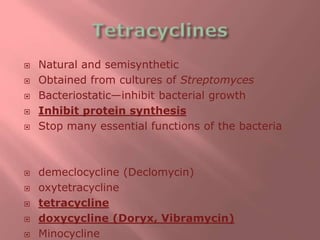  Natural and semisynthetic
 Obtained from cultures of Streptomyces
 Bacteriostatic—inhibit bacterial growth
 Inhibit protein synthesis
 Stop many essential functions of the bacteria
 demeclocycline (Declomycin)
 oxytetracycline
 tetracycline
 doxycycline (Doryx, Vibramycin)
 Minocycline
 