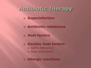 Superinfection
 Antibiotic resistance
 Host factors
 Genetic host factors
 G6PD deficiency
 Slow acetylation
 Allergic reactions
 