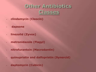 • clindamycin (Cleocin)
• dapsone
• linezolid (Zyvox)
• metronidazole (Flagyl)
• nitrofurantoin (Macrodantin)
• quinupristin and dalfopristin (Synercid)
• daptomycin (Cubicin)
 