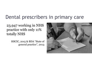 Dental prescribers in primary care
23,947 working in NHS
practice with only 11%
totally NHS
HSCIC, 2015 & BDA “State of
general practice”, 2013
 