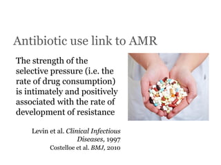 Antibiotic use link to AMR
The strength of the
selective pressure (i.e. the
rate of drug consumption)
is intimately and positively
associated with the rate of
development of resistance
Levin et al. Clinical Infectious
Diseases, 1997
Costelloe et al. BMJ, 2010
 