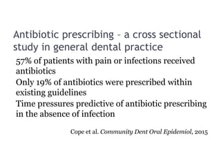 Antibiotic prescribing – a cross sectional
study in general dental practice
57% of patients with pain or infections received
antibiotics
Only 19% of antibiotics were prescribed within
existing guidelines
Time pressures predictive of antibiotic prescribing
in the absence of infection
Cope et al. Community Dent Oral Epidemiol, 2015
 