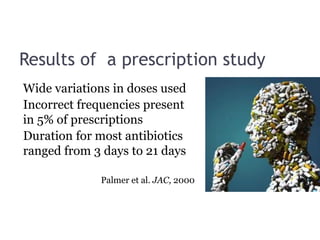 Results of a prescription study
Wide variations in doses used
Incorrect frequencies present
in 5% of prescriptions
Duration for most antibiotics
ranged from 3 days to 21 days
Palmer et al. JAC, 2000
 