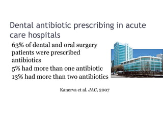 Dental antibiotic prescribing in acute
care hospitals
63% of dental and oral surgery
patients were prescribed
antibiotics
5% had more than one antibiotic
13% had more than two antibiotics
Kanerva et al. JAC, 2007
 