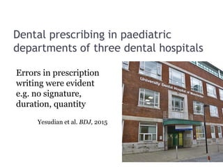 Dental prescribing in paediatric
departments of three dental hospitals
Errors in prescription
writing were evident
e.g. no signature,
duration, quantity
Yesudian et al. BDJ, 2015
 