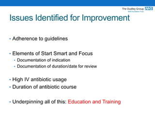 Issues Identified for Improvement
• Adherence to guidelines
• Elements of Start Smart and Focus
• Documentation of indication
• Documentation of duration/date for review
• High IV antibiotic usage
• Duration of antibiotic course
• Underpinning all of this: Education and Training
 
