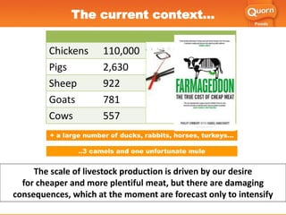 + a large number of ducks, rabbits, horses, turkeys…
..3 camels and one unfortunate mule
Chickens 110,000
Pigs 2,630
Sheep 922
Goats 781
Cows 557
The scale of livestock production is driven by our desire
for cheaper and more plentiful meat, but there are damaging
consequences, which at the moment are forecast only to intensify
The current context…
 