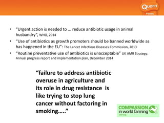 • “Urgent action is needed to ... reduce antibiotic usage in animal
husbandry”, WHO, 2014
• “Use of antibiotics as growth promoters should be banned worldwide as
has happened in the EU”: The Lancet Infectious Diseases Commission, 2013
• “Routine preventative use of antibiotics is unacceptable” UK AMR Strategy:
Annual progress report and implementation plan, December 2014
“failure to address antibiotic
overuse in agriculture and
its role in drug resistance is
like trying to stop lung
cancer without factoring in
smoking…..”
 