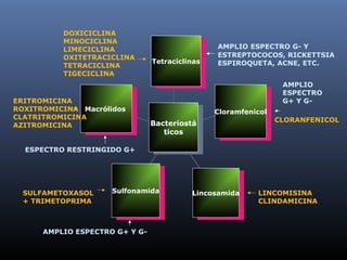 MacrólidosMacrólidos
SulfonamidaSulfonamida
LincosamidaLincosamida
CloramfenicolCloramfenicol
TetraciclinasTetraciclinas
Bacteriostá
ticos
Bacteriostá
ticos
DOXICICLINA
MINOCICLINA
LIMECICLINA
OXITETRACICLINA
TETRACICLINA
TIGECICLINA
ERITROMICINA
ROXITROMICINA
CLATRITROMICINA
AZITROMICINA
SULFAMETOXASOL
+ TRIMETOPRIMA
LINCOMISINA
CLINDAMICINA
AMPLIO ESPECTRO G- Y
ESTREPTOCOCOS, RICKETTSIA
ESPIROQUETA, ACNE, ETC.
ESPECTRO RESTRINGIDO G+
AMPLIO ESPECTRO G+ Y G-
AMPLIO
ESPECTRO
G+ Y G-
CLORANFENICOL
 