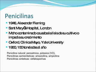 Penicilinas 1946, Alexander Fleming Sant Mary’s Hospital, London Moho contaminado causaba la lisis de su cultivo o impedia su crecimiento Oxford, Clinica Mayo, Yale University 1950, 150 toneladas al a ño Penicilina natural: pensatinica, potasica (VO),  Penicilinas semisinteticas: amoxicilina, ampicilina Penicilinas sinteticas: cefalosporinas 