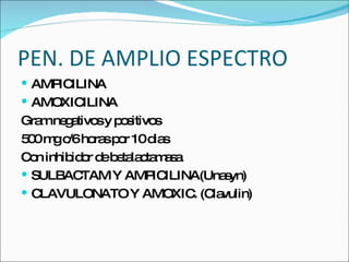 PEN. DE AMPLIO ESPECTRO AMPICILINA AMOXICILINA Gram negativos y positivos 500 mg c/6 horas por 10 dias Con inhibidor de betalactamasa SULBACTAM Y AMPICILINA(Unasyn) CLAVULONATO Y AMOXIC. (Clavulin) 