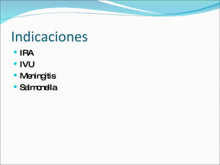Indicaciones IRA IVU Meningitis Salmonella 