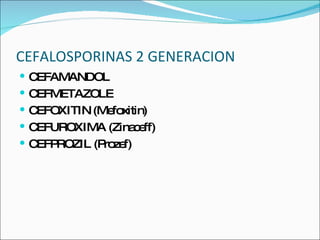 CEFALOSPORINAS 2 GENERACION CEFAMANDOL CEFMETAZOLE CEFOXITIN (Mefoxitin) CEFUROXIMA (Zinaceff) CEFPROZIL (Prozef) 