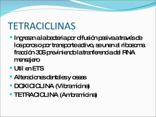 TETRACICLINAS Ingresan a la bacteria por difusi ó n pasiva a trav é s de los poros o por transporte activo, se unen al ribosoma fracci ó n 30S previniendo la tranferencia del RNA mensajero Util en ETS Alteraciones dentales y oseas DOXICICLINA (Vibramicina) TETRACICLINA (Ambramicina) 