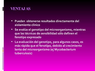VENTAJAS Pueden  obtenerse resultados directamente del aislamiento clínico Se evalúa el genotipo del microorganismo, mientras que las técnicas de sensibilidad sólo definen el fenotipo expresado La evaluación del genotipo, para algunos casos, es más rápida que el fenotipo, debido al crecimiento lento del microorganismo (ej Mycobacterium tuberculosis) 