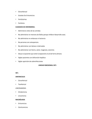 •

Cloranfenicol

•

Estolato De Eritromicina

•

Fenotiazinas

•

Fenitoina

CUIDADOS DE ENFERMERIA:
•

Administrar antes de las comidas

•

No administrar en menores de 9años porque inhibe el desarrollo oseo.

•

No administrar en embarazo ni lactancia

•

No personas con osteoporosis

•

No administrar con lácteos ni derivados

•

No administrar con hierro, calcio. magnesio, aluminio.

•

Educar al paciente que evite la exposición al sol de forma directa

•

Vigilar pacientes con disfunción hepática

•

Vigilar aparición de sobreinfecciones
UNIDAD RIBOSOMAL 50’S

50’s
ANFENICOLES
•

Cloranfenicol

•

Tiamfenicol

LINCOSAMIDAS
•

Clindamicina

•

Lincomicina

MACRÓLIDOS
•

Eritromicina

•

Claritromicina

 