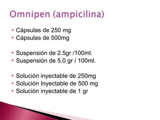  Cápsulas de 250 mg
 Cápsulas de 500mg
 Suspensión de 2.5gr /100ml.
 Suspensión de 5.0 gr / 100ml.
 Solución inyectable de 250mg
 Solución Inyectable de 500 mg
 Solución inyectable de 1 gr
 