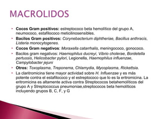  Cocos Gram positivos: estreptococo beta hemolítico del grupo A,
neumococo, estafilococo meticilinosensibles.
 Bacilos Gram positivos: Corynebacterium diphtheriae, Bacillus anthracis,
Listeria monocytogenes.
 Cocos Gram negativos: Moraxella catarrhalis, meningococo, gonococo.
 Bacilos gram negativos: Haemophilus ducreyi, Vibrio cholerae, Bordetella
pertussis, Helicobacter pylori, Legionella, Haemophilus influenzae,
Campylobacter jejuni
 Otros: Toxoplasma, Treponema, Chlamydia, Mycoplasma, Rickettsia.
 La claritromicina tiene mayor actividad sobre H. Influenzae y es más
potente contra el estafilococo y el estreptococo que lo es la eritromicina. La
eritromicina es altamente activa contra Streptococos betahemolíticos del
grupo A y Streptococcus pneumoniae,streptococos beta hemolíticos
incluyendo grupos B, C, F, y G
 