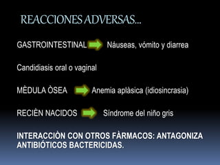 REACCIONES ADVERSAS… 
GASTROINTESTINAL Náuseas, vómito y diarrea 
Candidiasis oral o vaginal 
MÈDULA ÒSEA Anemia aplàsica (idiosincrasia) 
RECIÈN NACIDOS Síndrome del niño gris 
INTERACCIÒN CON OTROS FÀRMACOS: ANTAGONIZA 
ANTIBIÓTICOS BACTERICIDAS. 
 