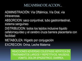 MECANISMO DE ACCION… 
ADMINISTRACIÓN: Vía Oftálmica, Vía Oral, vía 
intravenosa. 
ABSORCION: saco conjuntival, tubo gastrointestinal, 
sistema sanguíneo 
DISTRIBUCION: todos los tejidos inclusive líquido 
cefalorraquídeo y el cerebro cruza barrera placentaria con 
facilidad 
METABOLIZA: Hígado por conjugación 
EXCRECION: Orina, Leche Materna 
REACCIONES ADVERSAS COLESTASIS HEPÁTICA EN 
TRATAMIENTOS LARGOS Y REPETITIVOS, NAUSEAS, 
VOMITO, DOLOR EPIGÁSTRICO, DIARREA. 
 