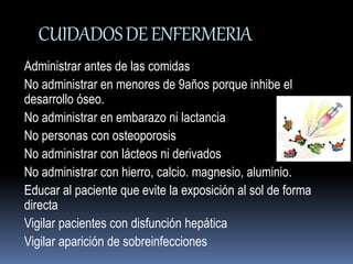 CUIDADOS DE ENFERMERIA 
Administrar antes de las comidas 
No administrar en menores de 9años porque inhibe el 
desarrollo óseo. 
No administrar en embarazo ni lactancia 
No personas con osteoporosis 
No administrar con lácteos ni derivados 
No administrar con hierro, calcio. magnesio, aluminio. 
Educar al paciente que evite la exposición al sol de forma 
directa 
Vigilar pacientes con disfunción hepática 
Vigilar aparición de sobreinfecciones 
 