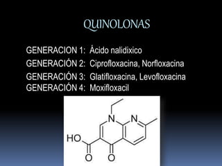 QUINOLONAS 
GENERACION 1: Ácido nalidixico 
GENERACIÓN 2: Ciprofloxacina, Norfloxacina 
GENERACIÓN 3: Glatifloxacina, Levofloxacina 
GENERACIÓN 4: Moxifloxacil 
 