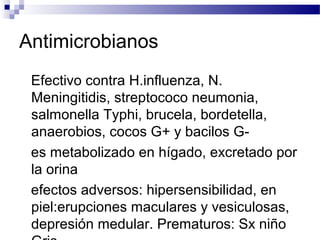 Antimicrobianos
Efectivo contra H.influenza, N.
Meningitidis, streptococo neumonia,
salmonella Typhi, brucela, bordetella,
anaerobios, cocos G+ y bacilos G-
es metabolizado en hígado, excretado por
la orina
efectos adversos: hipersensibilidad, en
piel:erupciones maculares y vesiculosas,
depresión medular. Prematuros: Sx niño
 