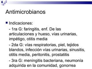 Antimicrobianos
 Indicaciones:
- 1ra G: faringitis, enf. De las
articulaciones y hueso, vías urinarias,
impétigo, otitis media
- 2da G: vías respiratorias, piel, tejidos
blandos, infección vías urinarias, sinusitis,
otitis media, peritonitis, prostatitis
- 3ra G: meningitis bacteriana, neumonía
adquirida en la comunidad, gonorrea
 
