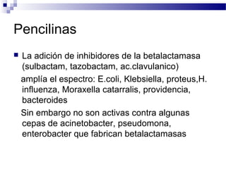 Pencilinas
 La adición de inhibidores de la betalactamasa
(sulbactam, tazobactam, ac.clavulanico)
amplía el espectro: E.coli, Klebsiella, proteus,H.
influenza, Moraxella catarralis, providencia,
bacteroides
Sin embargo no son activas contra algunas
cepas de acinetobacter, pseudomona,
enterobacter que fabrican betalactamasas
 
