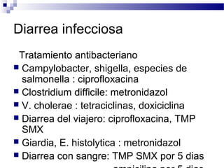 Diarrea infecciosa
Tratamiento antibacteriano
 Campylobacter, shigella, especies de
salmonella : ciprofloxacina
 Clostridium difficile: metronidazol
 V. cholerae : tetraciclinas, doxiciclina
 Diarrea del viajero: ciprofloxacina, TMP
SMX
 Giardia, E. histolytica : metronidazol
 Diarrea con sangre: TMP SMX por 5 dias
 