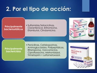 2. Por el tipo de acción:
• Sulfamidas,Tetraciclinas,
Cloranfenicol, Eritromicina,
Etambutol, Clindamicina.
Principalmente
bacteriostáticos
• Penicilinas, Cefalosporinas,
Aminoglucósidos, Polipeptídicos,
Rifampicina, Vancomicina,
Ciprofloxacina, Metronidazol,
Trimetoprim + sulfametoxazol.
Principalmente
bactericidas
 