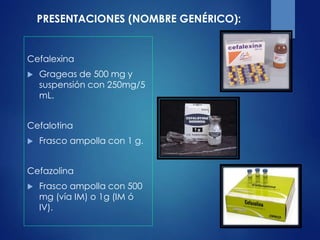 Cefalexina
 Grageas de 500 mg y
suspensión con 250mg/5
mL.
Cefalotina
 Frasco ampolla con 1 g.
Cefazolina
 Frasco ampolla con 500
mg (vía IM) o 1g (IM ó
IV).
PRESENTACIONES (NOMBRE GENÉRICO):
 