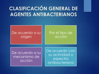CLASIFICACIÓN GENERAL DE
AGENTES ANTIBACTERIANOS
De acuerdo a su
origen
Por el tipo de
acción
De acuerdo a su
mecanismo de
acción
De acuerdo con
su actividad o
espectro
antibacteriano
 
