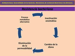 Resistencia bacteriana
Inactivación
enzimática
Cambio de la
diana
Disminución
de la
permeabilidad
Proceso
metabólico
alternativo
Antibacterianos: Generalidades de las bacterias, Mecanismos de resistencia Bacteriana a los fármacos.
 