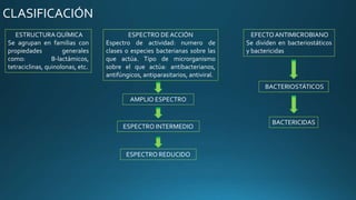 CLASIFICACIÓN
ESTRUCTURA QUÍMICA
Se agrupan en familias con
propiedades generales
como: B-lactámicos,
tetraciclinas, quinolonas, etc.
ESPECTRO DE ACCIÓN
Espectro de actividad: numero de
clases o especies bacterianas sobre las
que actúa. Tipo de microrganismo
sobre el que actúa: antibacterianos,
antifúngicos, antiparasitarios, antiviral.
AMPLIO ESPECTRO
ESPECTRO INTERMEDIO
ESPECTRO REDUCIDO
EFECTO ANTIMICROBIANO
Se dividen en bacteriostáticos
y bactericidas
BACTERIOSTÁTICOS
BACTERICIDAS
 