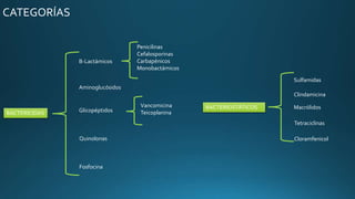 CATEGORÍAS
BACTERICIDAS
B-Lactámicos
Fosfocina
Quinolonas
Glicopéptidos
Aminoglucósidos
Penicilinas
Cefalosporinas
Carbapénicos
Monobactámicos
Vancomicina
Teicoplanina
BACTERIOSTÁTICOS
Sulfamidas
Cloramfenicol
Tetraciclinas
Macrólidos
Clindamicina
 