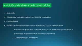 Inhibición de la síntesis de la pared celular
 -Bactericidas
 -B-láctamicos, bacitracina, cicloserina, ristocetina, vancomicina.
 -Peptidoglucano
 -SINTESIS: 1º formacion del precursor en el citiplasma: fosfomicina y cicloserina
2º transporte del precursor a traves de la membrana: isoprenilfosfato----- bacitracin,
3º formacion del polimero lineal: vancomicina, ristocetina
4º transpeptidacion: B-lactámicos
 