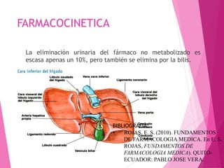 FARMACOCINETICA
La eliminación urinaria del fármaco no metabolizado es
escasa apenas un 10%, pero también se elimina por la bilis.
BIBLIOGRAFIA:
• ROJAS, E. S. (2010). FUNDAMENTOS
DE FARMACOLOGIA MEDICA. En E. S.
ROJAS, FUNDAMENTOS DE
FARMACOLOGIA MEDICA). QUITO-
ECUADOR: PABLO JOSE VERA.
 