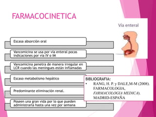 FARMACOCINETICA
Escasa absorción oral
Vancomicina se usa por vía enteral pocas
indicaciones por vía IV o IM
Vancomicina penetra de manera irregular en
LCR cuando las meningues están inflamadas
Escaso metabolismo hepático
Predominante eliminación renal.
Poseen una gran vida por lo que pueden
administrarla hasta una vez por semana
BIBLIOGRAFIA:
• RANG, H. P. y DALE,M-M (2008).
FARMACOLOGIA,
FARMACOLOGIA MEDICA).
MADRID-ESPAÑA
 