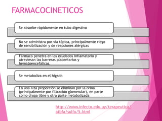 FARMACOCINETICOS
Se absorbe rápidamente en tubo digestivo
No se administra por vía tópica, principalmente riego
de sensibilización y de reacciones alérgicas
Fármaco penetra en los exudados inflamatorio y
atraviesan las barreras placentarias y
hematoencefálicas.
Se metaboliza en el hígado
En una alta proporción se eliminan por la orina
(principalmente por filtración glomerular), en parte
como droga libre y otra parte metabolizada
http://www.infecto.edu.uy/terapeutica/
atbfa/sulfo/5.html
 