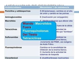 MECANISMO DE RESISTENCIAAntimicrobiano Mecanismo 1 de resistencia
Penicilina y cefalosporinas E:(B-lactamasas), cambios en el sitio
de unión y cambio en las porinas
Aminoglucosidos E (Inactivación por conjugación)
Macrolidos E: (Metiltransferasas que alteran sitio
de unión)
C: Trasporte activo fuera de la célula
Tetraciclinas C: Aumento de la actividad de
sistemas de trasporte que “bombean”
el Fx
Sulfonamidas Cambios en la sensibilidad de
inhibición de la enzima blanco,
,incremento del PABA, uso exógeno
de Acido Fólico.
Fluoroquinolonas Cambios en la sensibilidad de
inhibición de la enzima blanco.
C: Aumento de la actividad de
sistemas de trasporte
Cloranfenicol E (Acetiltranferasas inactivantes)
Miando: Macrolidos
Fuera:
Fluoroquinolonas
Del Tiesto:
Tetraciclinas
 