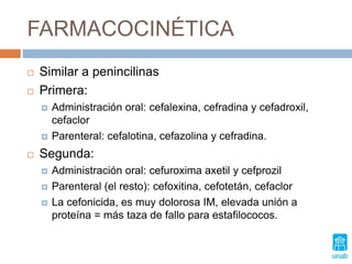 FARMACOCINÉTICA
 Similar a penincilinas
 Primera:
 Administración oral: cefalexina, cefradina y cefadroxil,
cefaclor
 Parenteral: cefalotina, cefazolina y cefradina.
 Segunda:
 Administración oral: cefuroxima axetil y cefprozil
 Parenteral (el resto): cefoxitina, cefotetán, cefaclor
 La cefonicida, es muy dolorosa IM, elevada unión a
proteína = más taza de fallo para estafilococos.
 