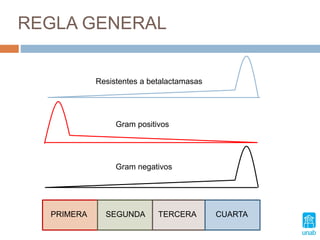 REGLA GENERAL
Resistentes a betalactamasas
Gram positivos
Gram negativos
PRIMERA SEGUNDA TERCERA CUARTA
 
