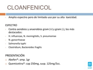 CLOANFENICOL
• Amplio espectro pero de limitado uso por su alta toxicidad.
ESPECTRO
• Contra aerobios y anaerobios gram (+) y gram (-), los más
destacados:
• H. influenzae, N. meningitidis, S. pneumoniae
• N. gonorrhoeae
• Salmonella typhi
• Clostridium, Bacteroides fragilis
PRESENTACIÓN
 Abefen®: amp. 1gr
 Quemicetina®: cap 250mg, susp. 125mg/5cc.
 