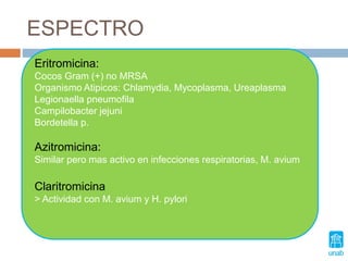 ESPECTRO
 Cocos y bacilos Gram positivos aeróbicos
(S. pyogenes y S. pneumoniae) más potente la claritromicina. S.
aureus (generalmente hay resistencia)
 Bacilo gram negativos (NO enterobacterias): H, pilory,
campylobacter, M catharralis, Legioella. Bordetella Pertussis.
 Mycoplasma pneumoniae
 Chlamidia trachomatis
 Espiroquetas
 Mycobacterium avium-intracellulare -claritromicina y
azitromicina
 Toxoplasma gondii, Cryptosporidium y Plasmodium
(claritromicina y azitromicina).
Eritromicina:
Cocos Gram (+) no MRSA
Organismo Atipicos: Chlamydia, Mycoplasma, Ureaplasma
Legionaella pneumofila
Campilobacter jejuni
Bordetella p.
Azitromicina:
Similar pero mas activo en infecciones respiratorias, M. avium
Claritromicina
> Actividad con M. avium y H. pylori
 