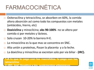 FARMACOCINÉTICA
 Oxiteracilina y tetracicilina, se absorben en 60%, la comida
altera absorción así como todo los compuestos con metales
(antiácidos, hierro, etc)
 Doxiciclina y minocilcina; abs 90-100% no se altera por
comida si por metales y lácteos.
 Solo cruzan 10-20% la barrera H-E.
 La minociclina es la que mas se concentra en SNC.
 Alta unión a proteínas, Pasan la placenta y a la leche.
 La doxiclina y minocilina se excretan solo por via biliar - (IRC).
1-A lo que le pego con los macrolidos, le pego con las
tetraciclina
2- IRC, Insf. Hepática y los suplementos vitamínicos
 