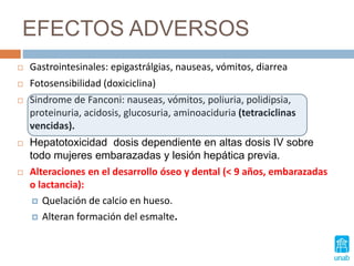 EFECTOS ADVERSOS
 Gastrointesinales: epigastrálgias, nauseas, vómitos, diarrea
 Fotosensibilidad (doxiciclina)
 Sindrome de Fanconi: nauseas, vómitos, poliuria, polidipsia,
proteinuria, acidosis, glucosuria, aminoaciduria (tetraciclinas
vencidas).
 Hepatotoxicidad dosis dependiente en altas dosis IV sobre
todo mujeres embarazadas y lesión hepática previa.
 Alteraciones en el desarrollo óseo y dental (< 9 años, embarazadas
o lactancia):
 Quelación de calcio en hueso.
 Alteran formación del esmalte.
 